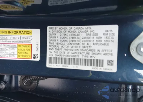 2025 Honda Cr-V Ex Awd из США, поврежденный, VIN 2HKRS4H44SH489878